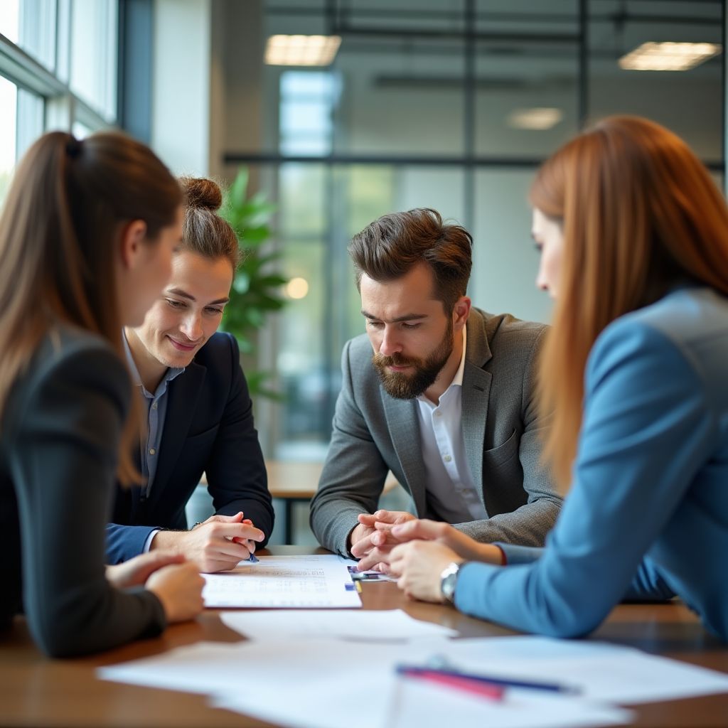Equipo de trabajo colaborando en oficinas modernas